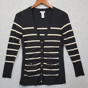 CACHE Cardigan Sweater Black Gold Glitter Stripes Snaps Pocket Women's Sz M Y2K
